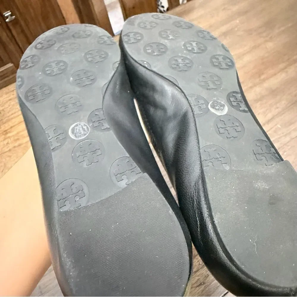 Tory Burch Black Leather Logo Reva Ballet Flats with Silver Emblem Discs